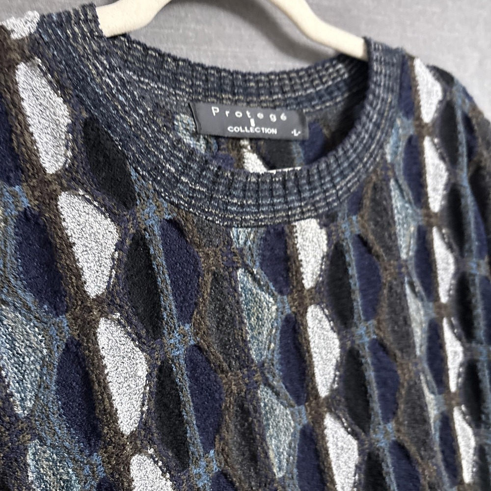 Vintage‎ Protege Sweater L Blue Gray 3D Geometric Grandpa Knit Pullover USA 90s